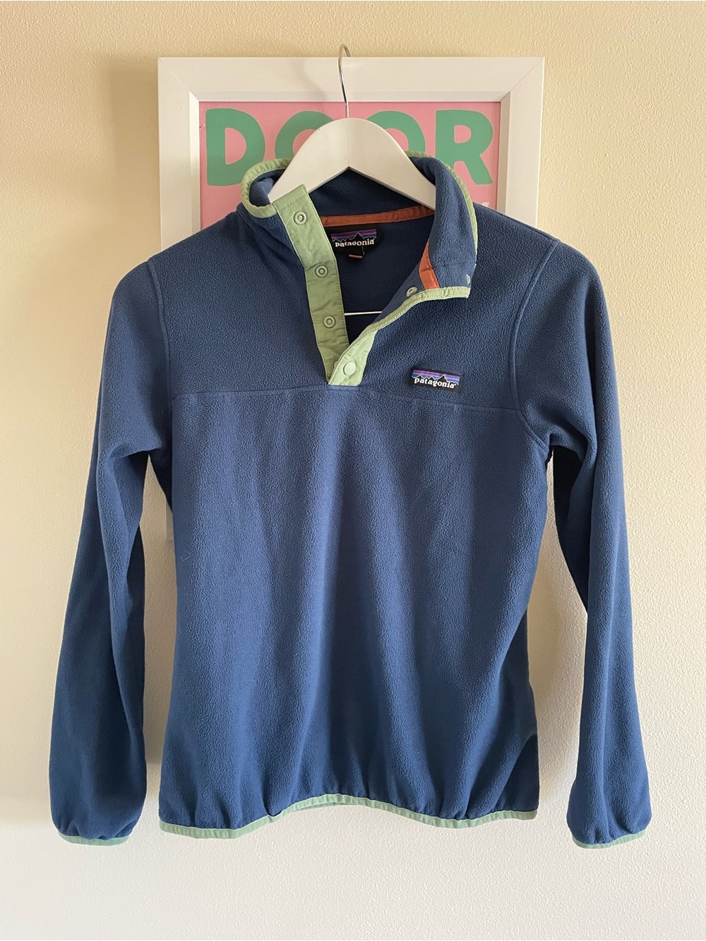 Patagonia Micro D Fleece Pullover in Stone Blue with Green Trim Size XS